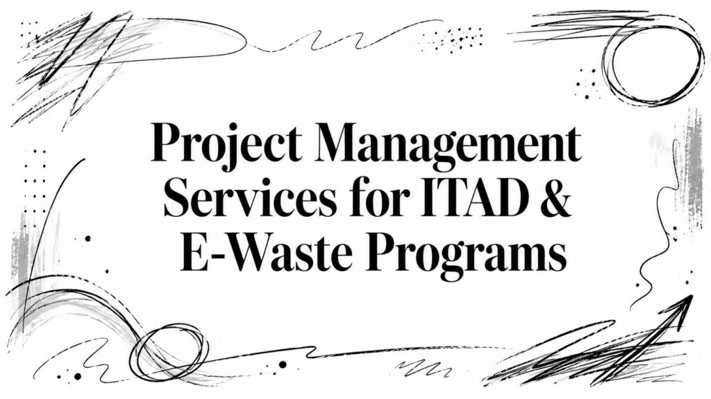 The image displays "Project Management Services for ITAD & E-Waste Programs" framed by abstract black lines.