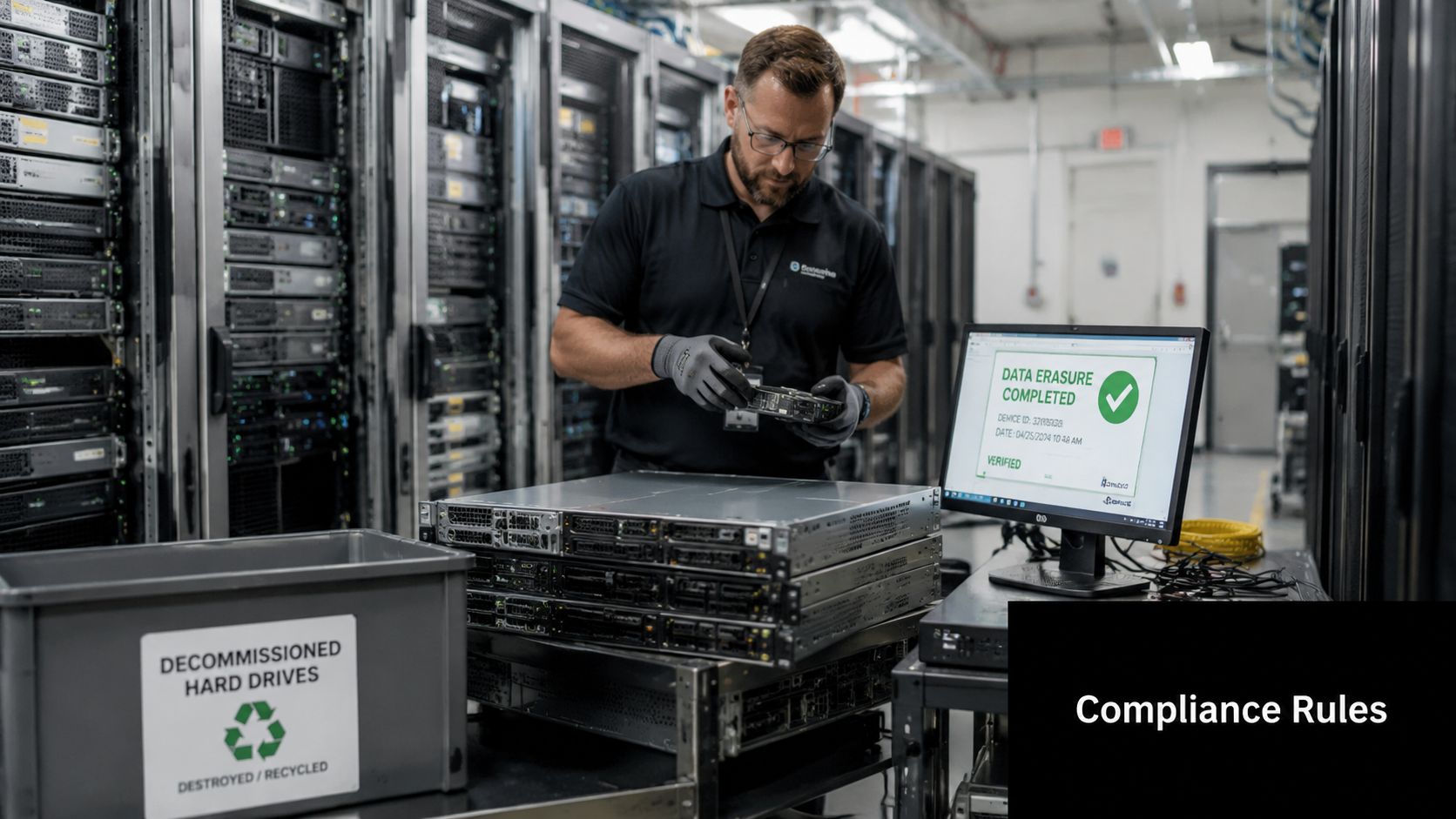 A technician processes decommissioned hard drives in a secure data center to ensure full regulatory compliance.