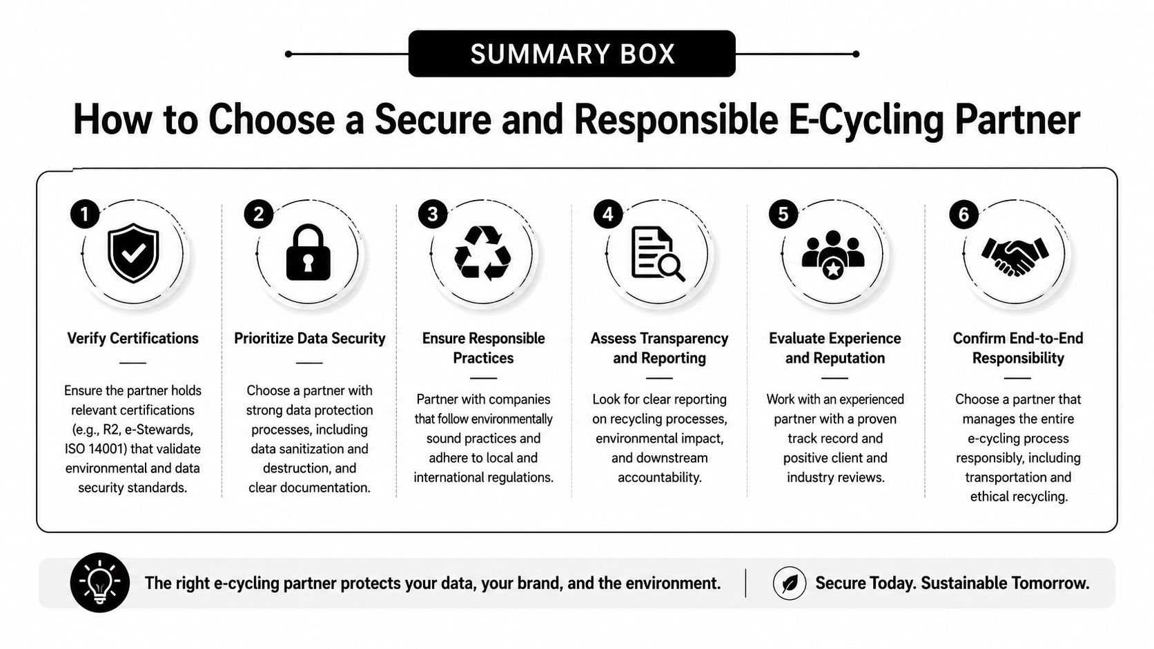 An infographic titled How to Choose a Secure and Responsible E-Cycling Partner with six steps for selecting vendors.
