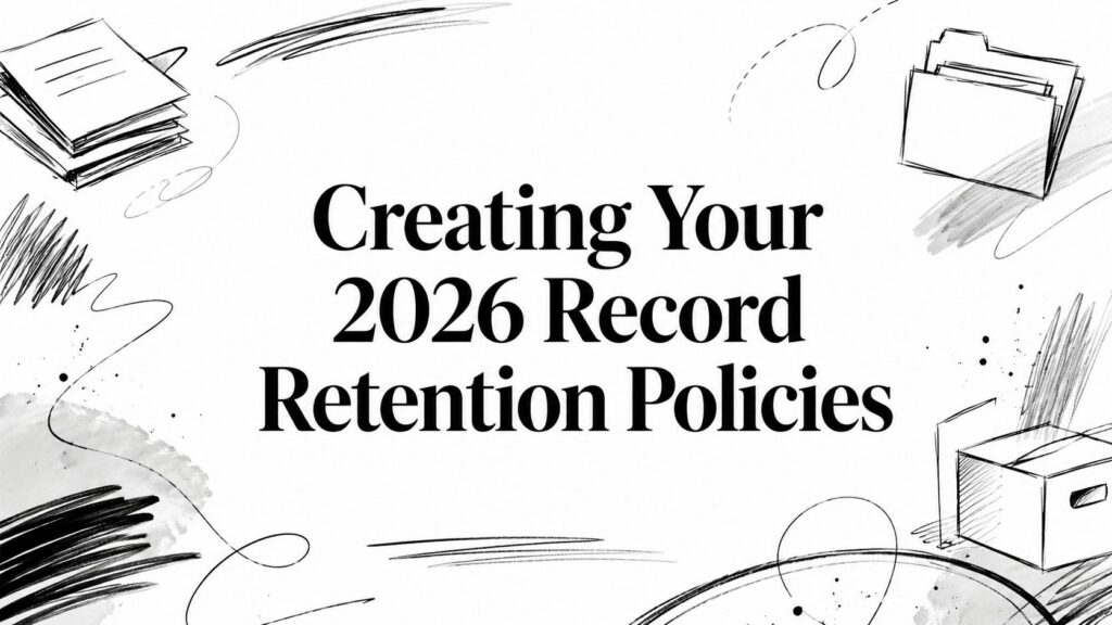 The text "Creating Your 2026 Record Retention Policies" is framed by office folder and file sketches.