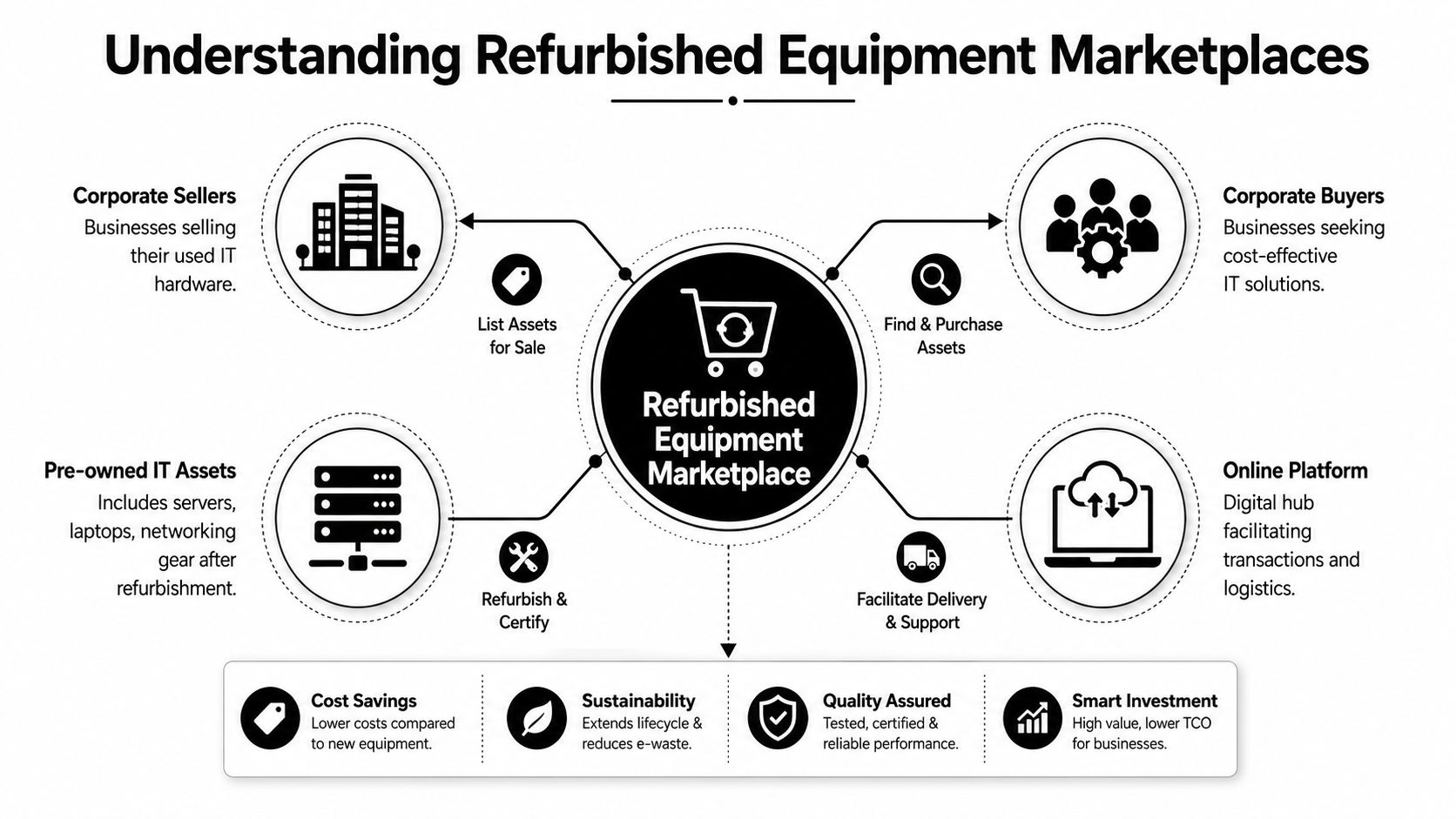 A diagram illustrating the ecosystem of a refurbished equipment marketplace connecting sellers, buyers, and service providers.