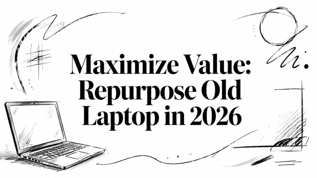 Black and white graphic shows "Maximize Value: Repurpose Old Laptop in 2026" with laptop sketches.