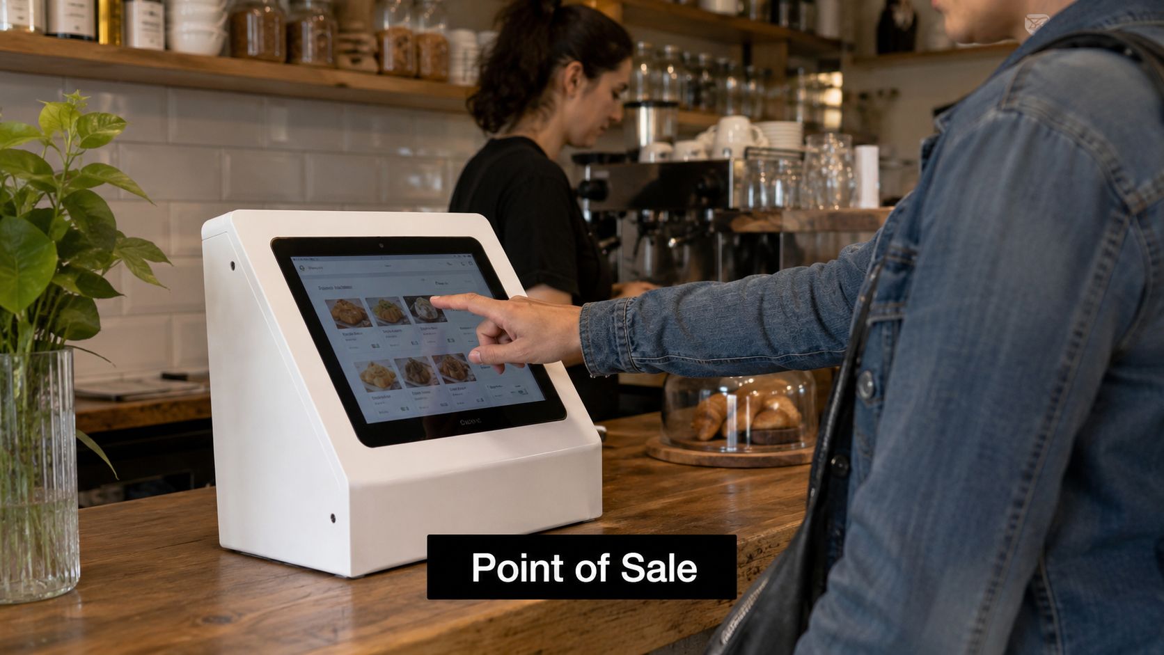 A customer using a white touchscreen point of sale system at a modern cafe counter.