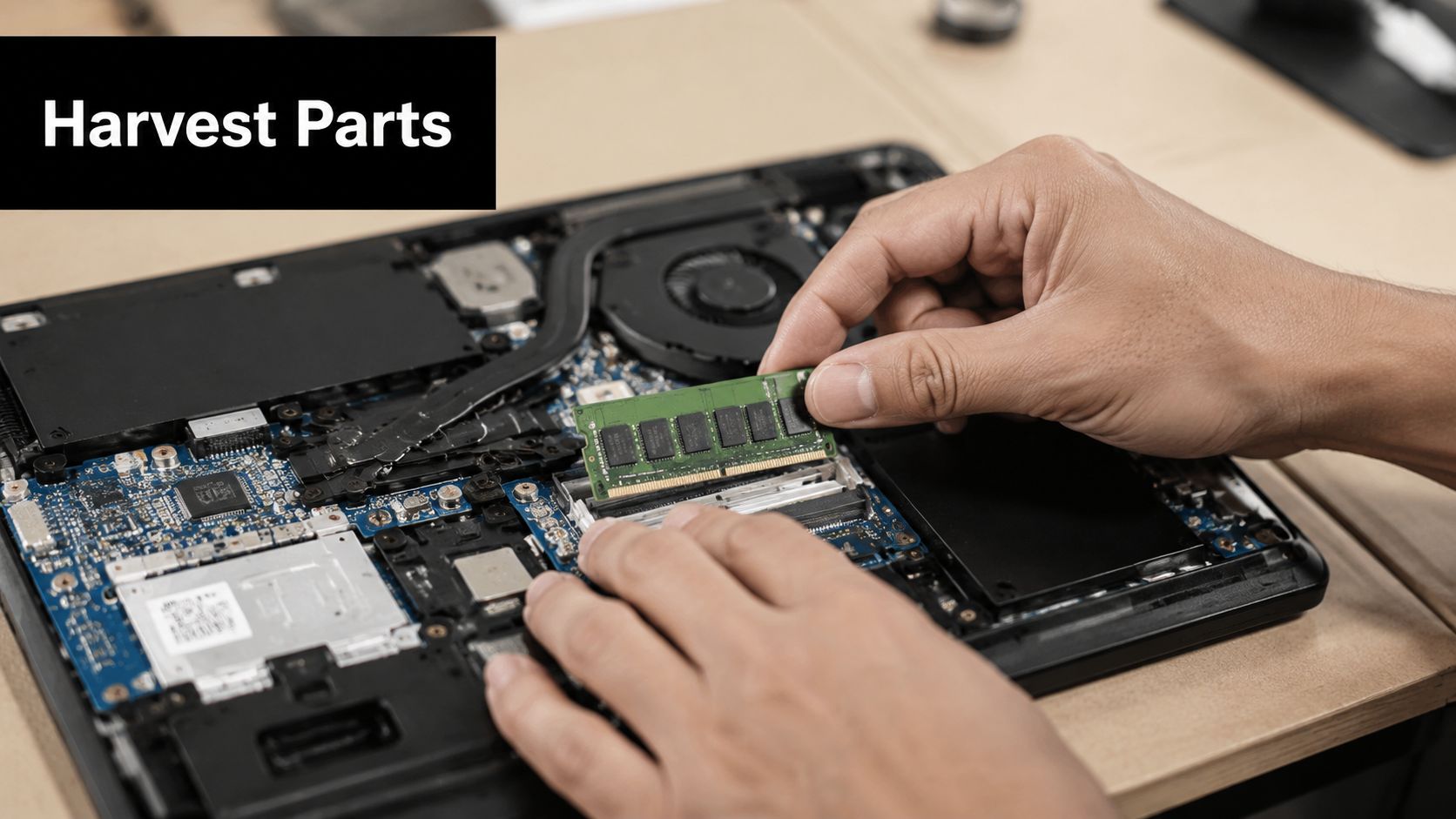 A close up view of a person removing a RAM memory stick from an old laptop motherboard.