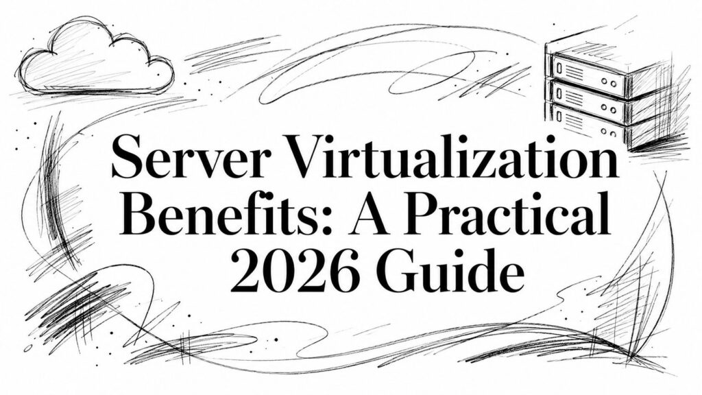 The image displays "Server Virtualization Benefits: A Practical 2026 Guide" with cloud and server graphics.