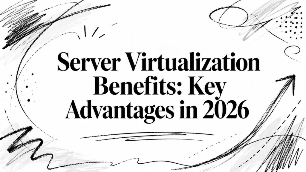 Server Virtualization Benefits: Key Advantages in 2026" over an abstract black line art background.
