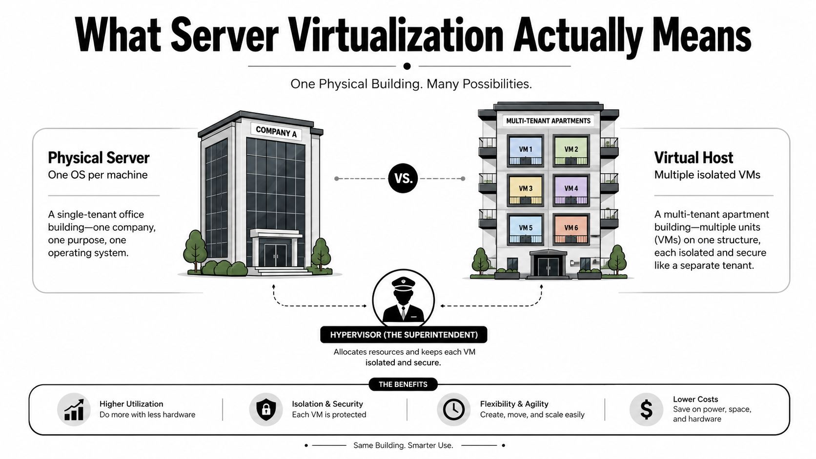 An infographic illustrating server virtualization by comparing a single company building to a multi-tenant apartment building.