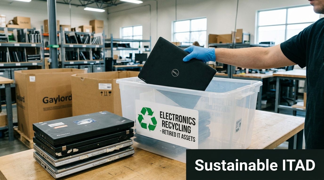 A worker wearing blue gloves places a used laptop into an electronics recycling bin for processing.