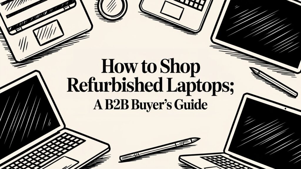 Several illustrated laptops and office items frame the title "How to Shop Refurbished Laptops; A B2B Buyer’s Guide.