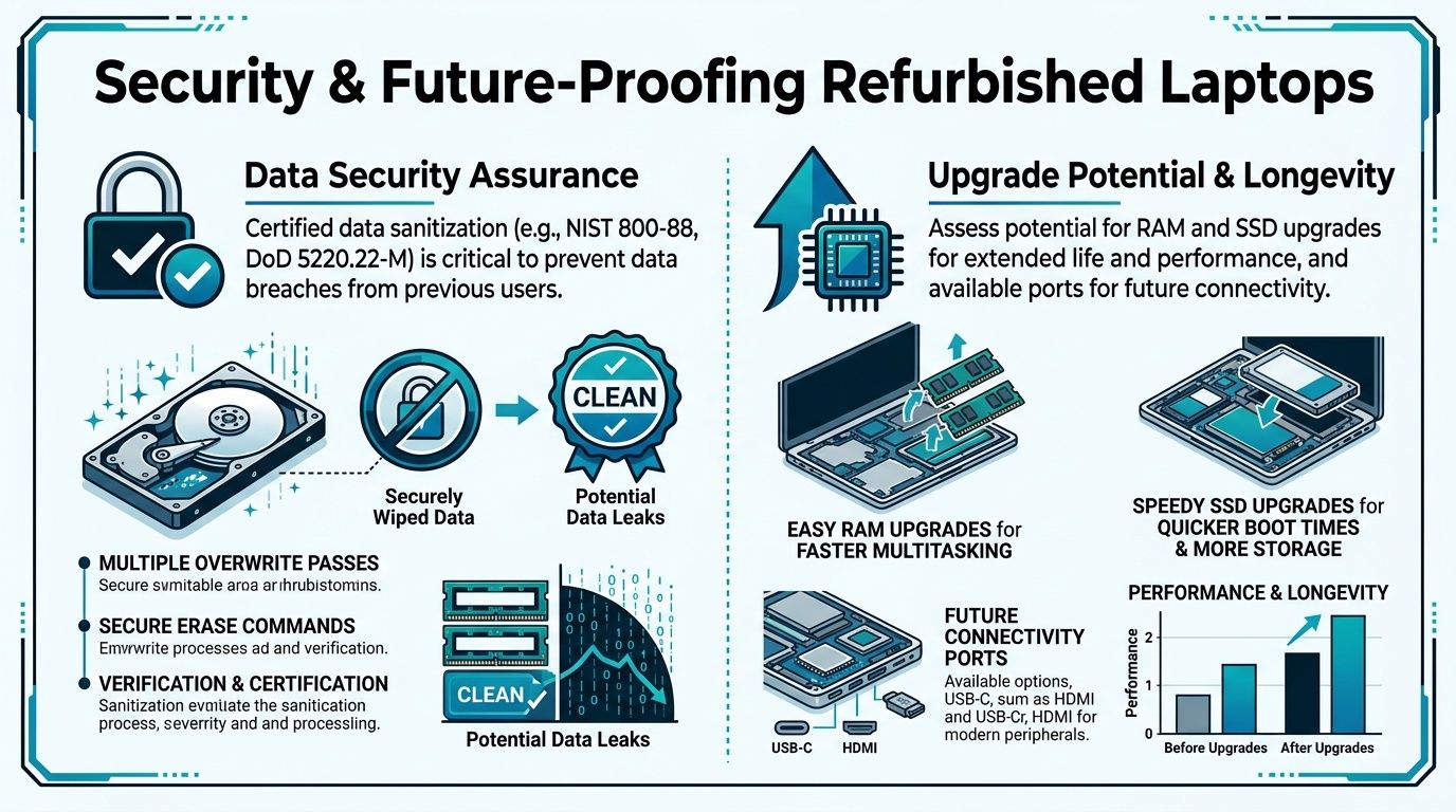 An infographic showing the security and future-proofing benefits of purchasing refurbished laptop computers.