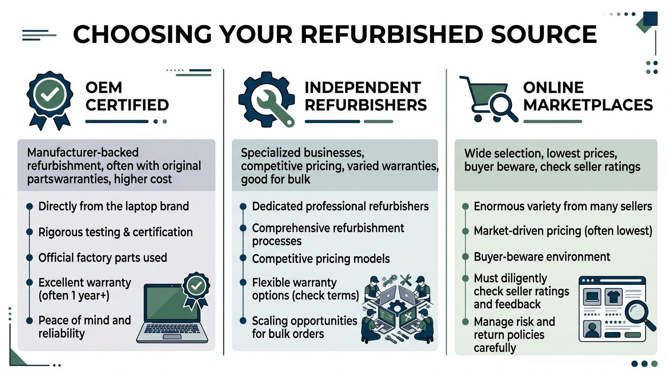 An infographic comparing three sources for purchasing refurbished laptops: OEM certified, independent refurbishers, and online marketplaces.