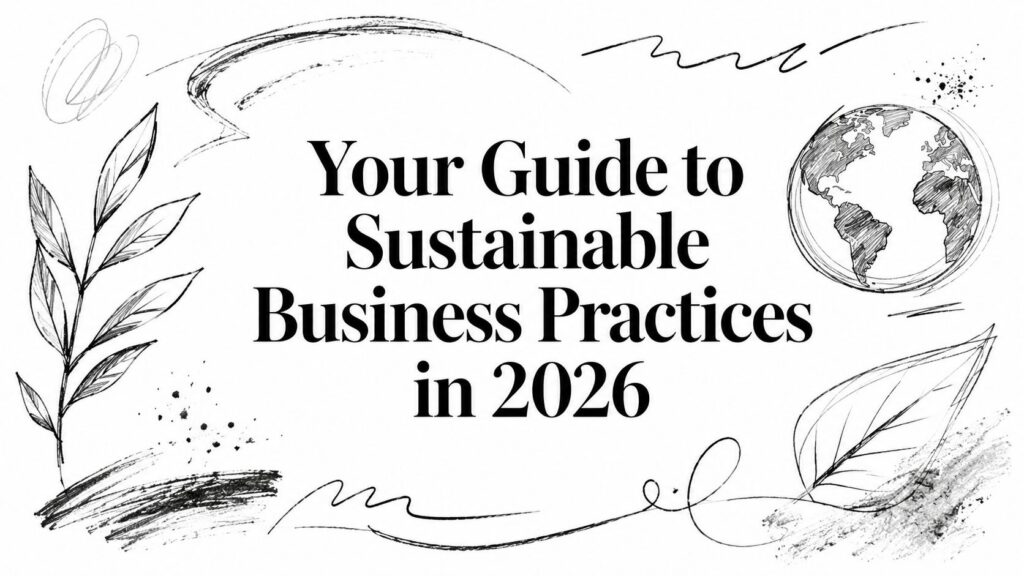 Your Guide to Sustainable Business Practices in 2026" cover with sketched plants and Earth illustration.