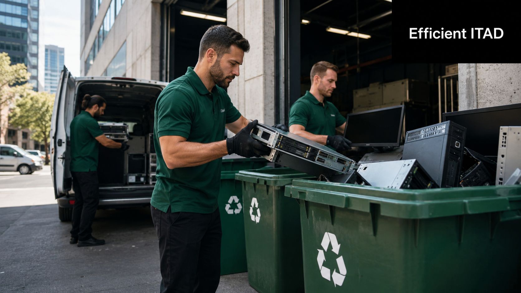 Two professional workers in green shirts recycling old computer servers and electronics in a city environment.