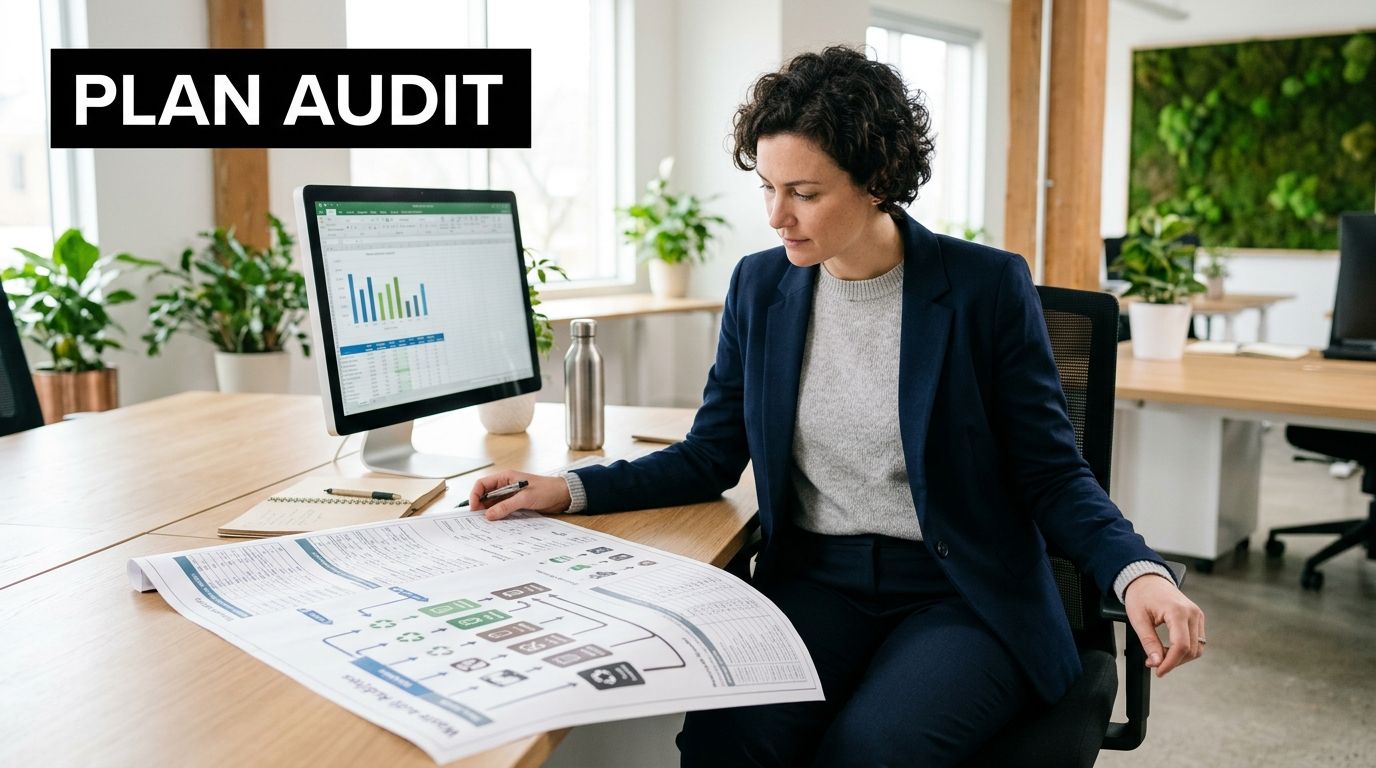 A professional woman in a suit sitting at a desk reviewing a waste audit flow chart.