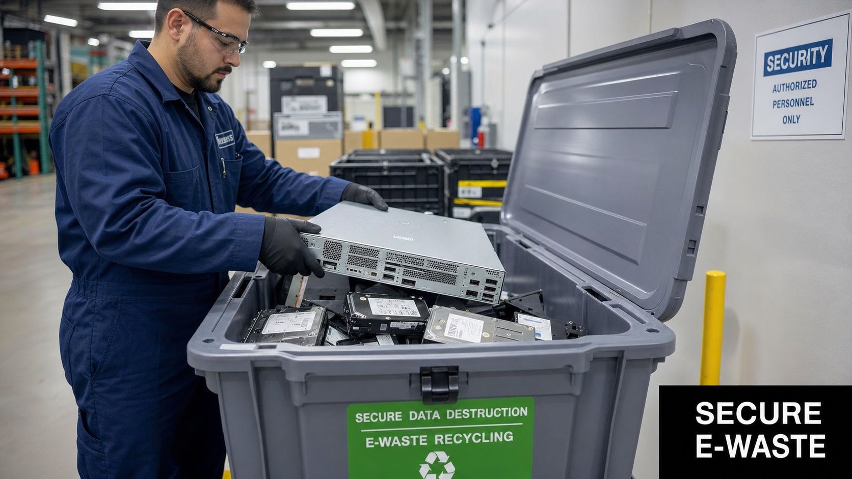 A technician wearing safety glasses and gloves disposing of server hardware in a secure e-waste recycling bin.