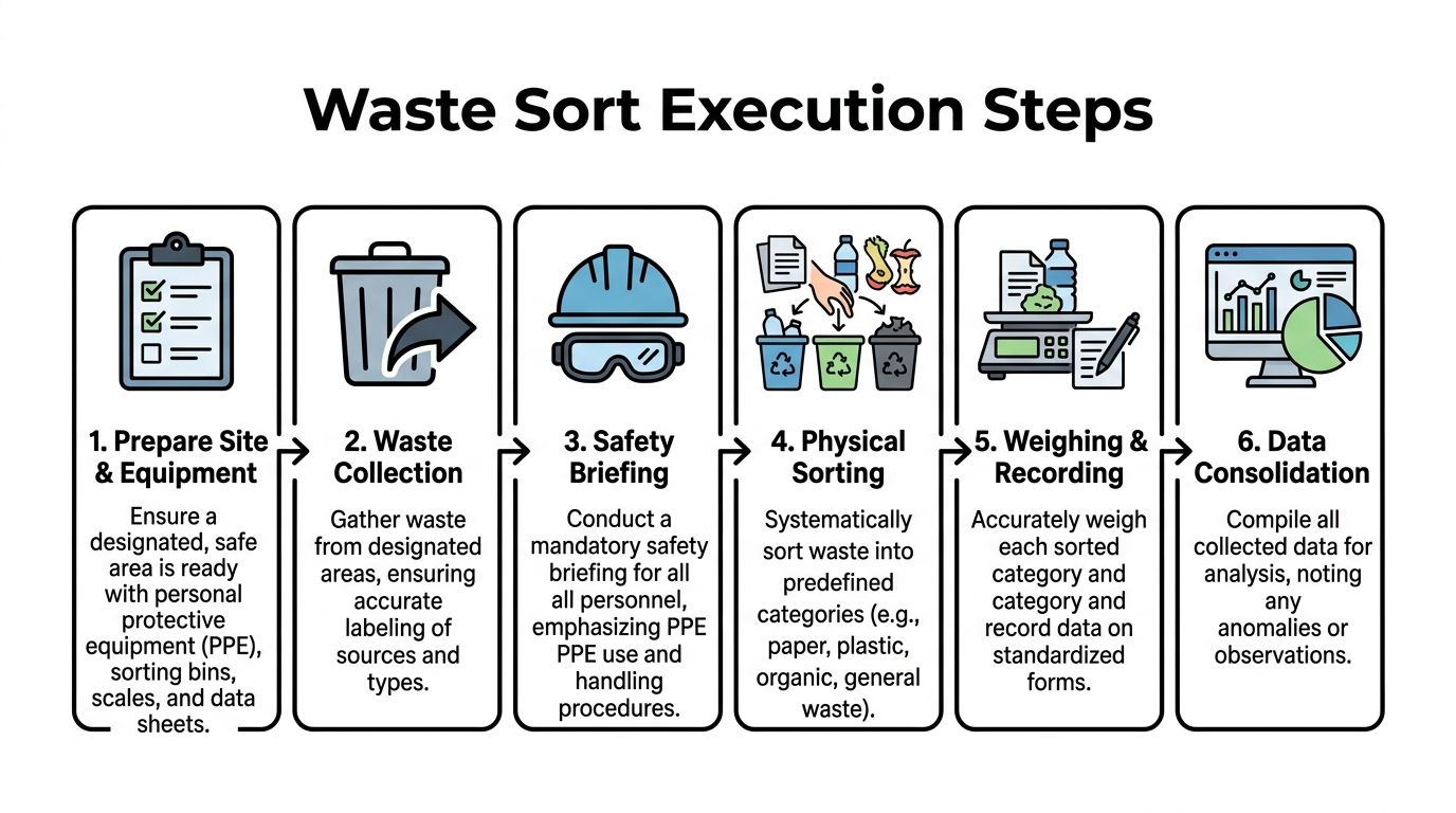 A six-step infographic illustrating the professional procedure for conducting a waste sort execution analysis.