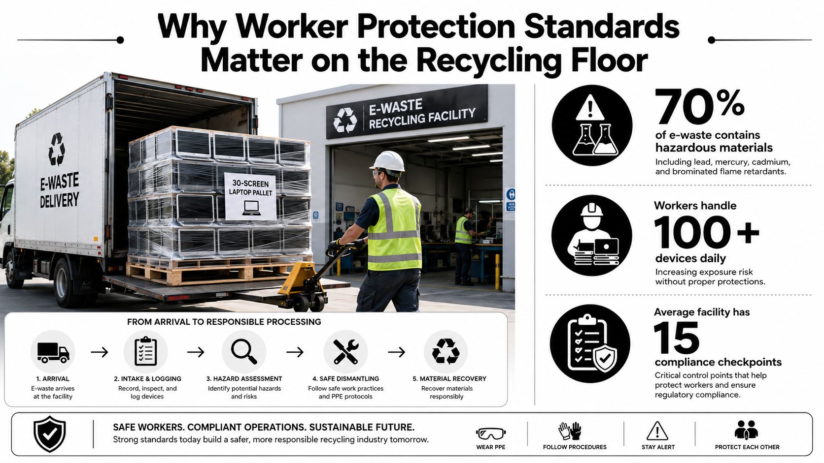 An infographic detailing worker protection standards in an e-waste recycling facility with safety icons and process steps.