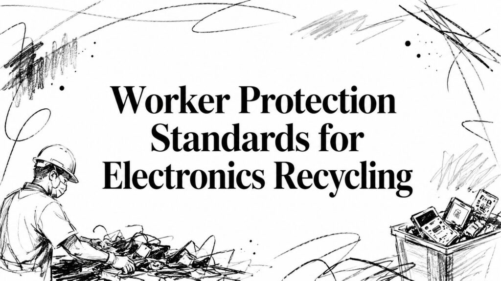 A worker wears gloves and a mask while safely recycling electronics, following protection standards.