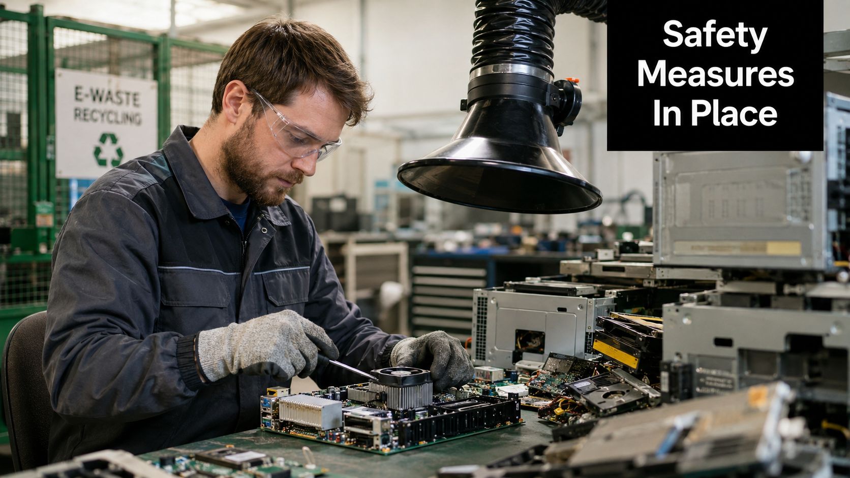 A technician wearing safety glasses and gloves repairs an electronic circuit board in a recycling facility.