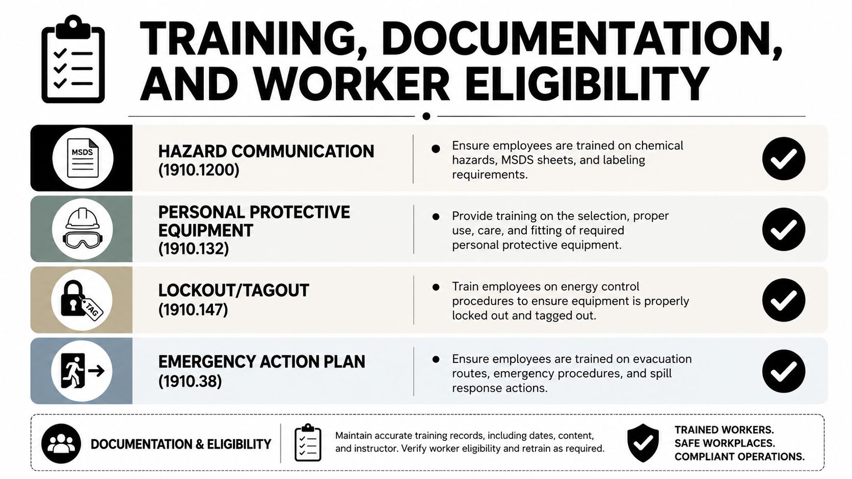 A safety infographic detailing OSHA training requirements for worker protection and compliance in industrial workplaces.