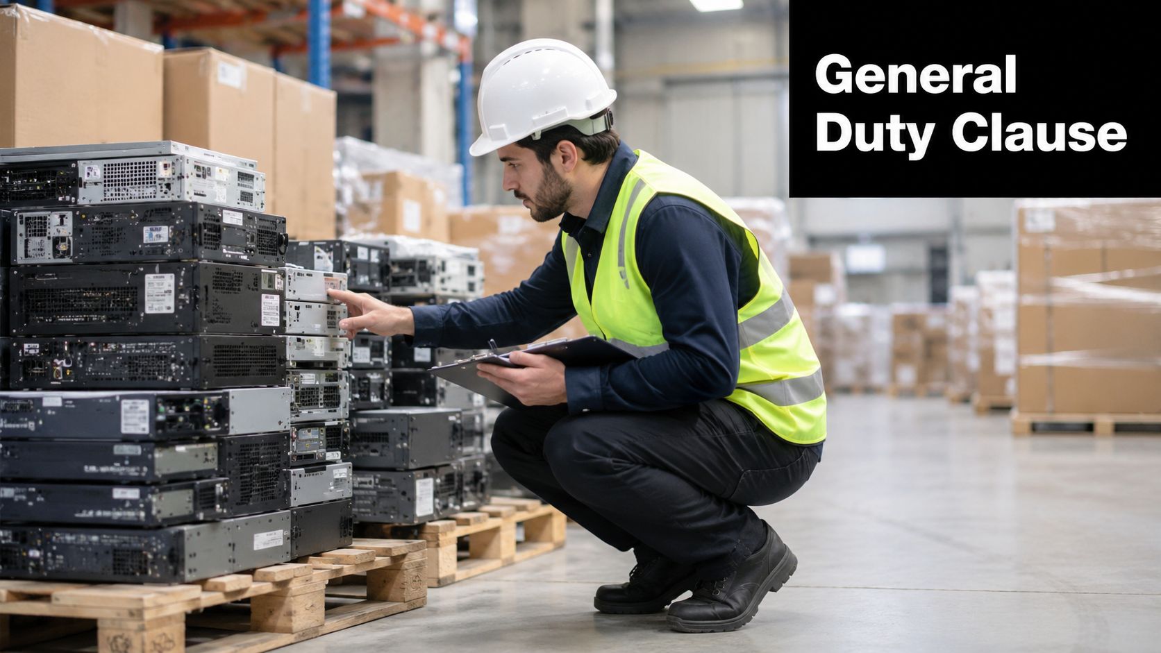 A warehouse worker wearing a hard hat and safety vest inspects a stack of desktop computer towers.