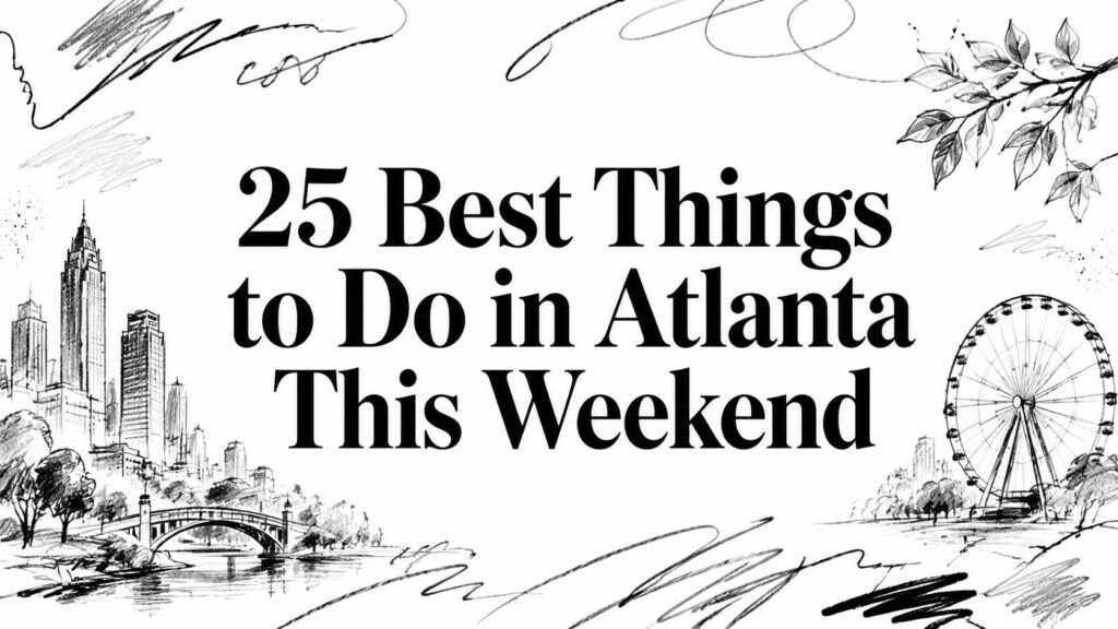 A sketched cityscape with a ferris wheel and park highlights “25 Best Things to Do in Atlanta This Weekend.”