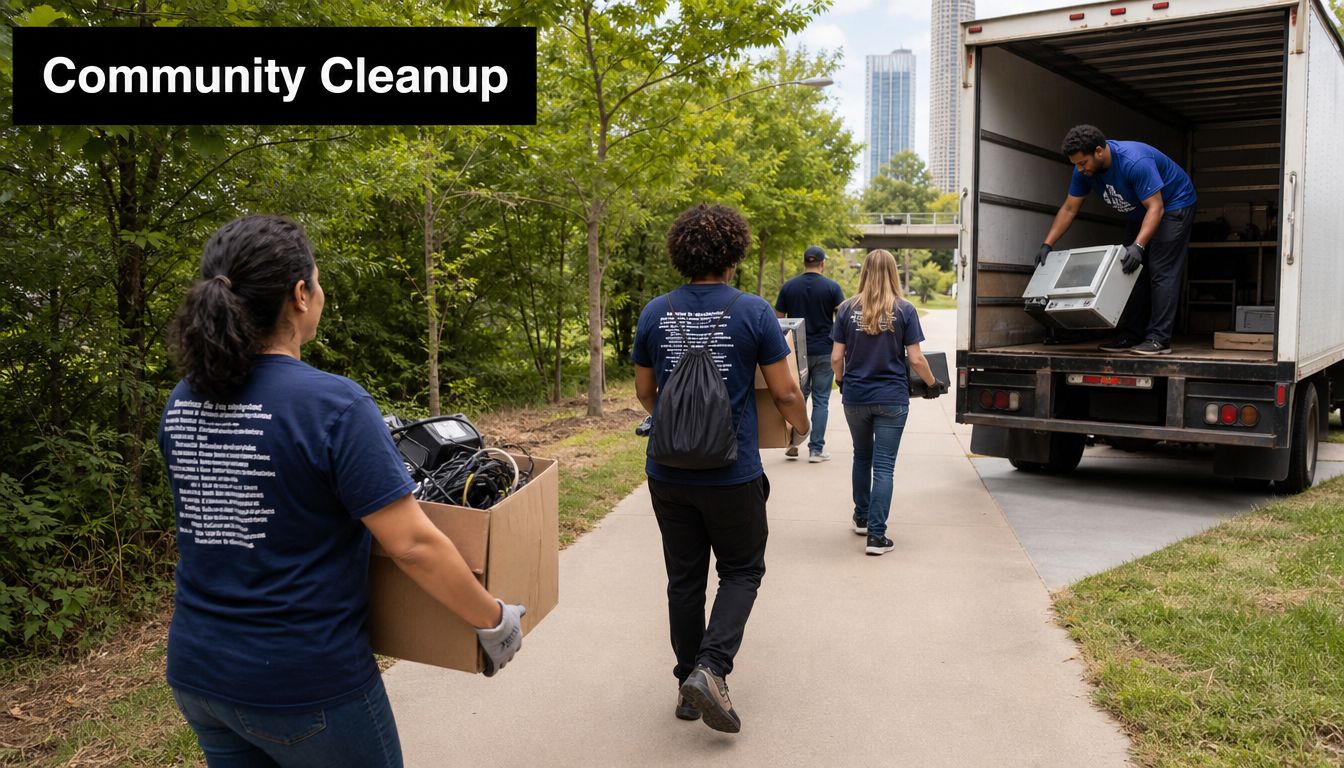 Volunteers carrying boxes and electronics to a moving truck during a community cleanup event in Atlanta.