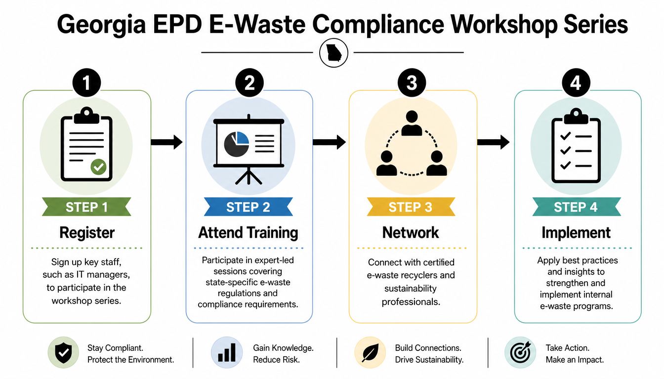 A flowchart detailing the four-step Georgia EPD E-Waste Compliance Workshop Series, including registration, training, networking, and implementation.