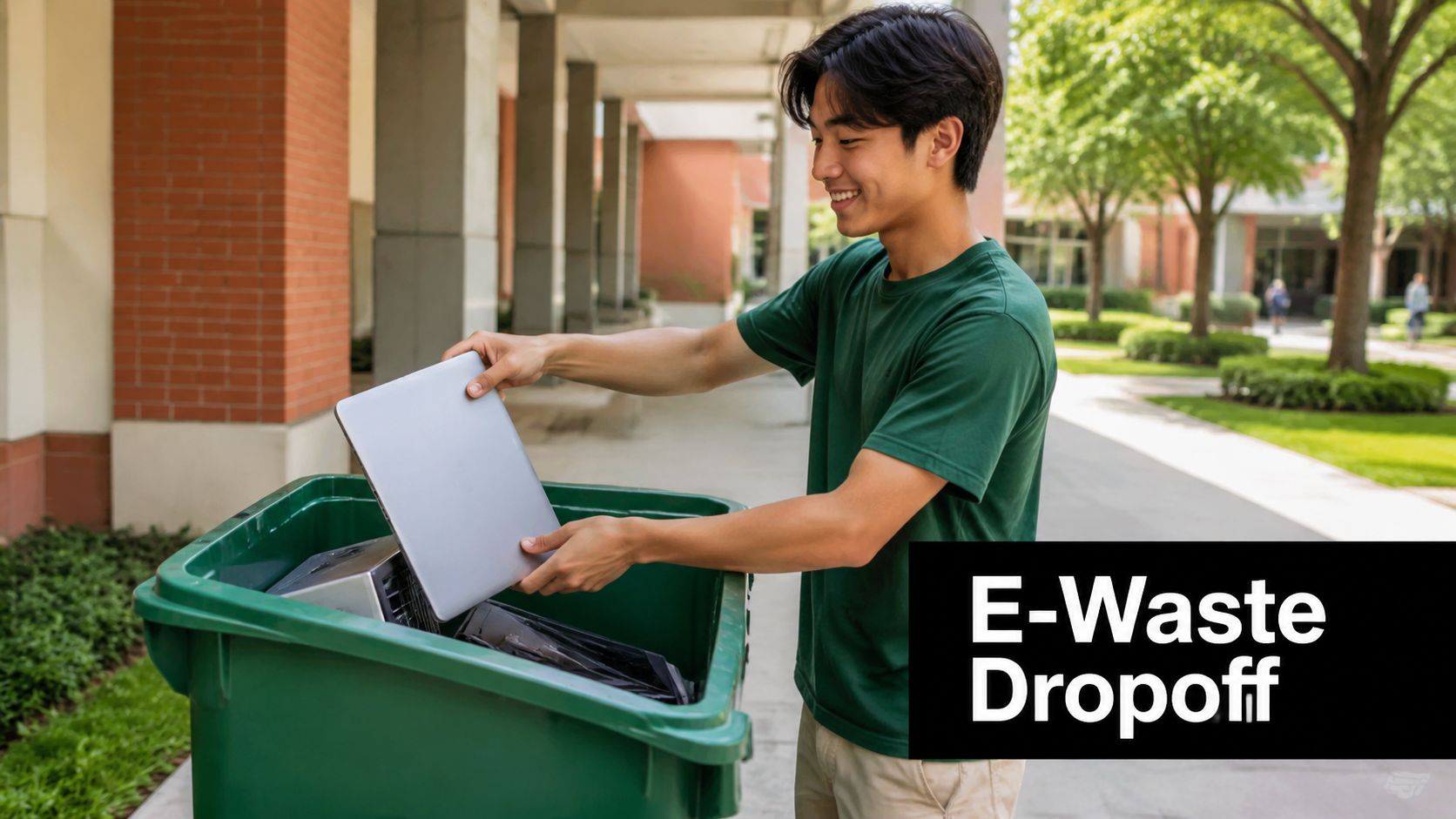 A young man smiling while disposing of an old laptop in a green e-waste recycling bin.