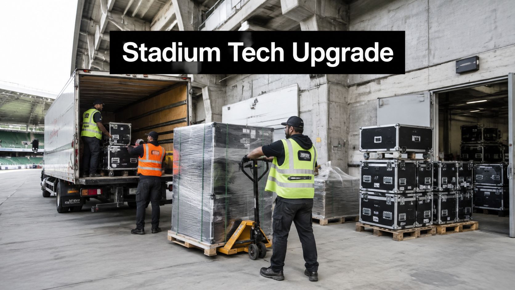 Workers loading equipment crates into a truck at a stadium for a technology upgrade project.