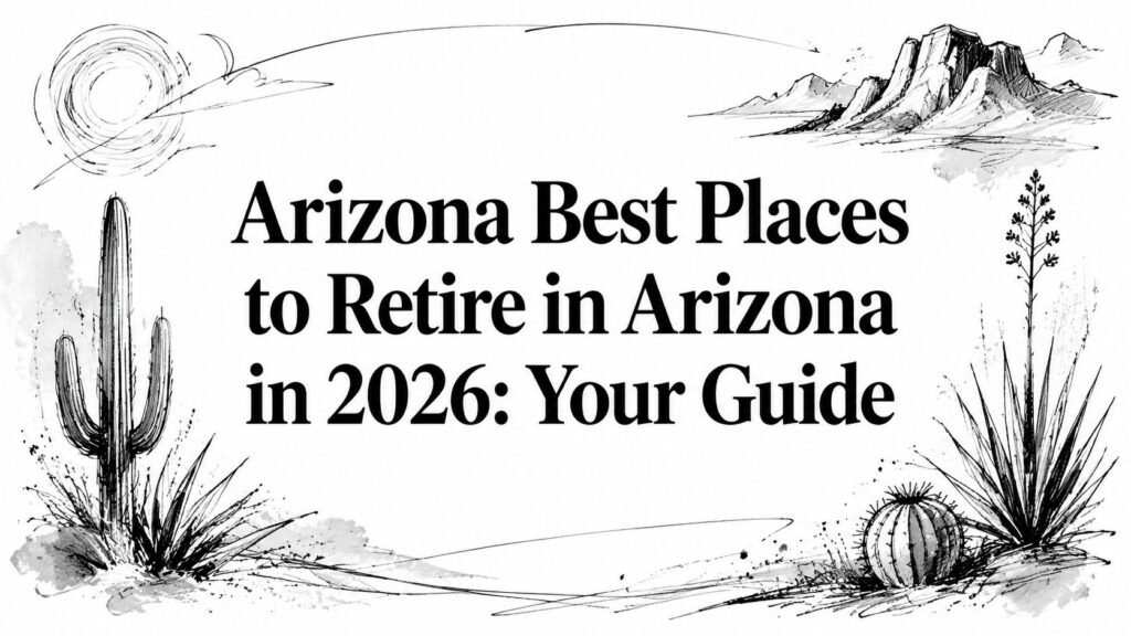 Desert sketch with cacti and text: Arizona Best Places to Retire in Arizona in 2026: Your Guide.