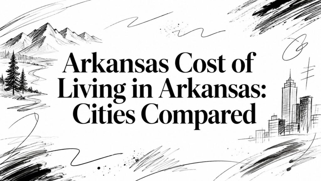 Text “Arkansas Cost of Living: Cities Compared” with sketched mountains, river, trees, and buildings.