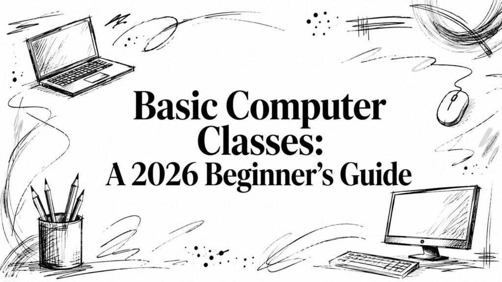 Basic Computer Classes 2026 Beginner’s Guide with sketches of a laptop, desktop, mouse, and pencils.