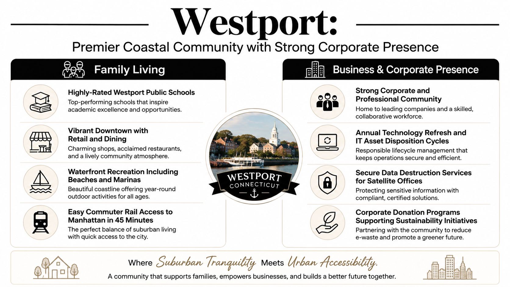 An infographic showcasing Westport, Connecticut as a premier location for family living and business corporate presence.