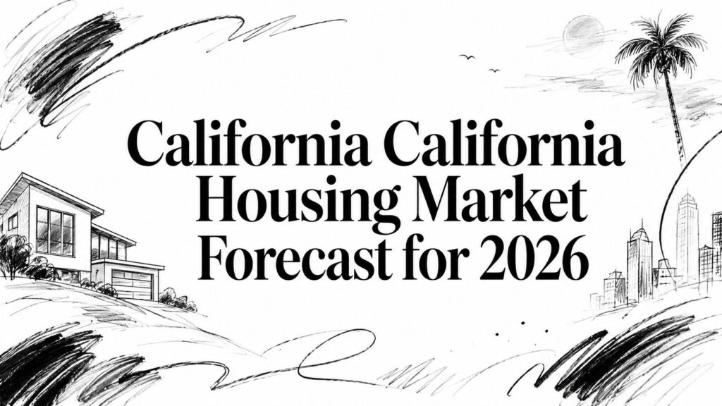 The image shows “California Housing Market Forecast for 2026” with sketches of a house, palm tree, and cityscape.