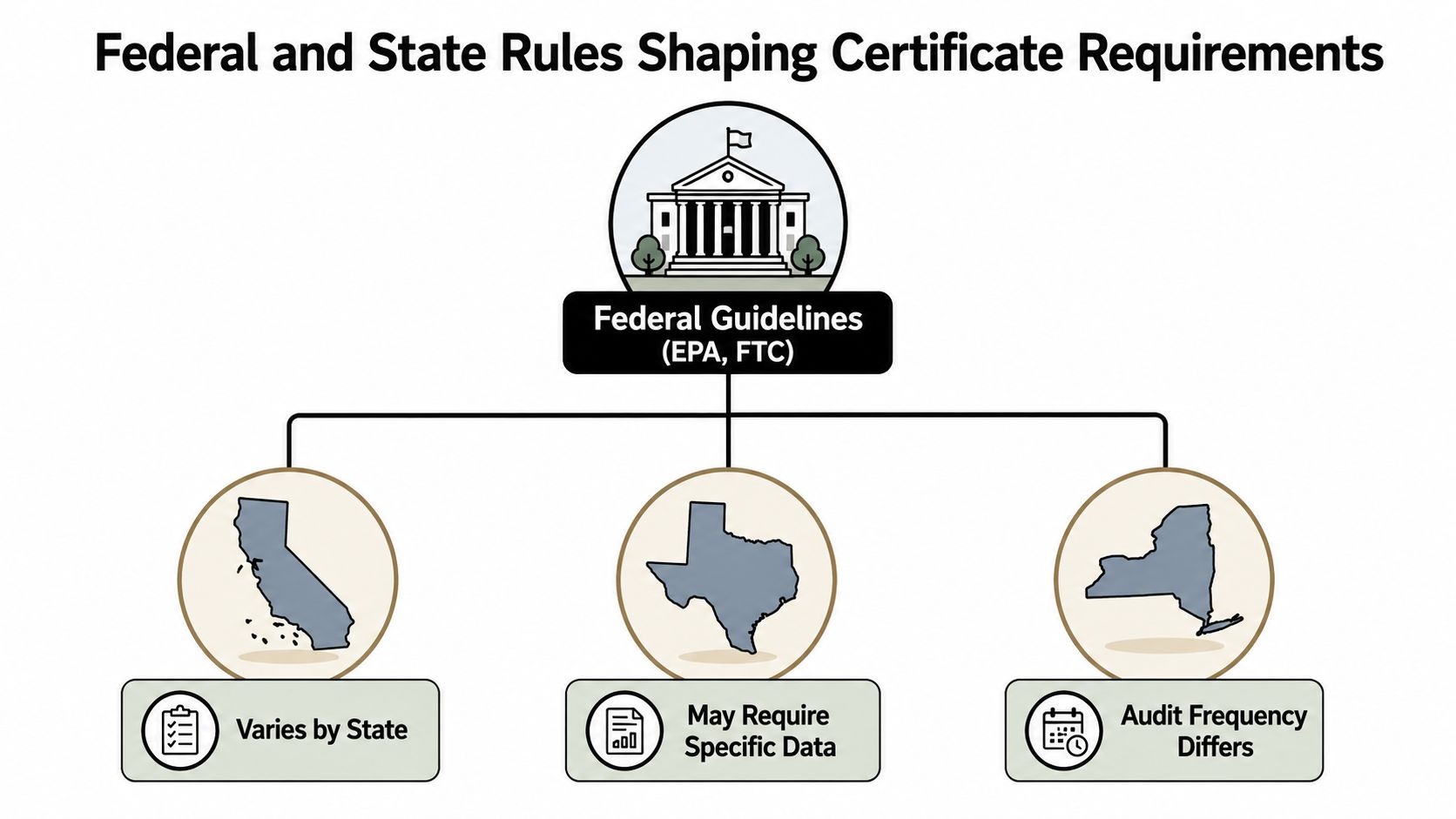 A diagram illustrating how federal guidelines from the EPA and FTC influence state-level certificate requirements.