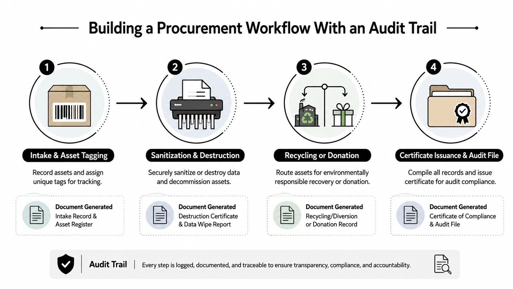 A diagram illustrating a four-step procurement workflow featuring asset intake, data sanitization, donation or recycling, and audit compliance.