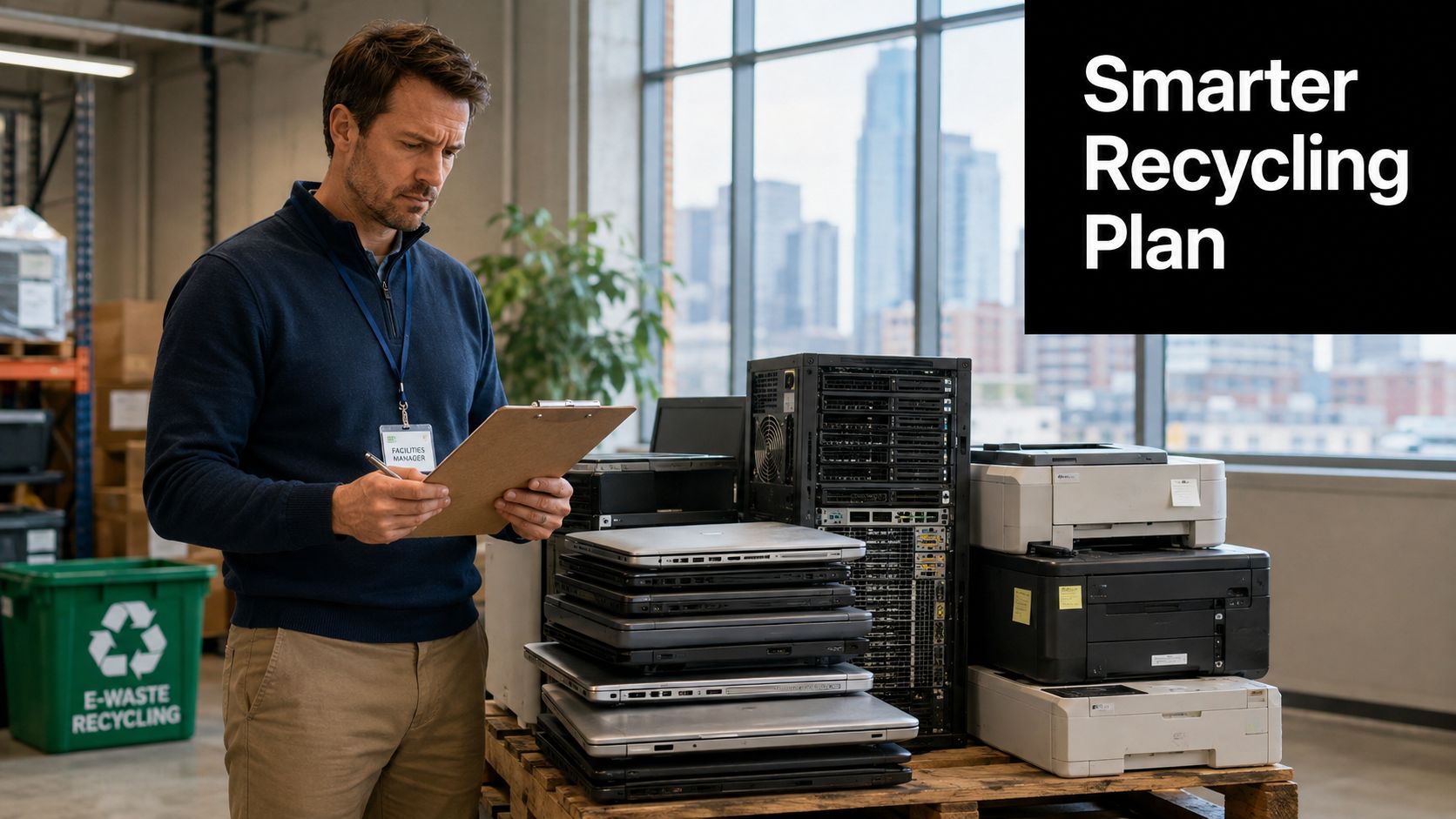 A facilities manager checking inventory of e-waste electronic devices at a modern recycling center facility.