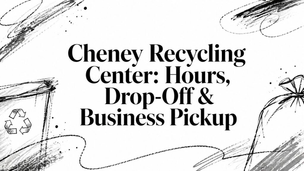 Cheney Recycling Center sign shows hours, drop-off, and business pickup info with recycling sketches.