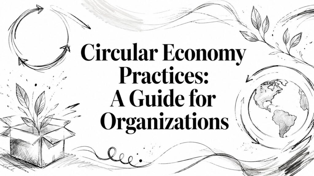 Sketched plants, arrows, and a globe illustrate circular economy practices for organizations.