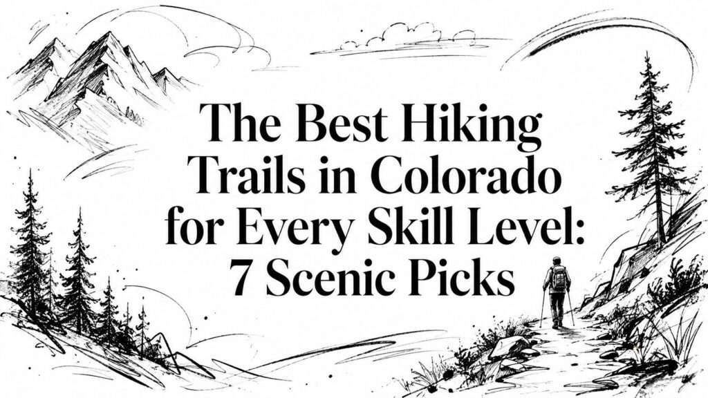 A hiker walks a scenic trail amid Colorado mountains and trees; text reads: Best Hiking Trails in Colorado.