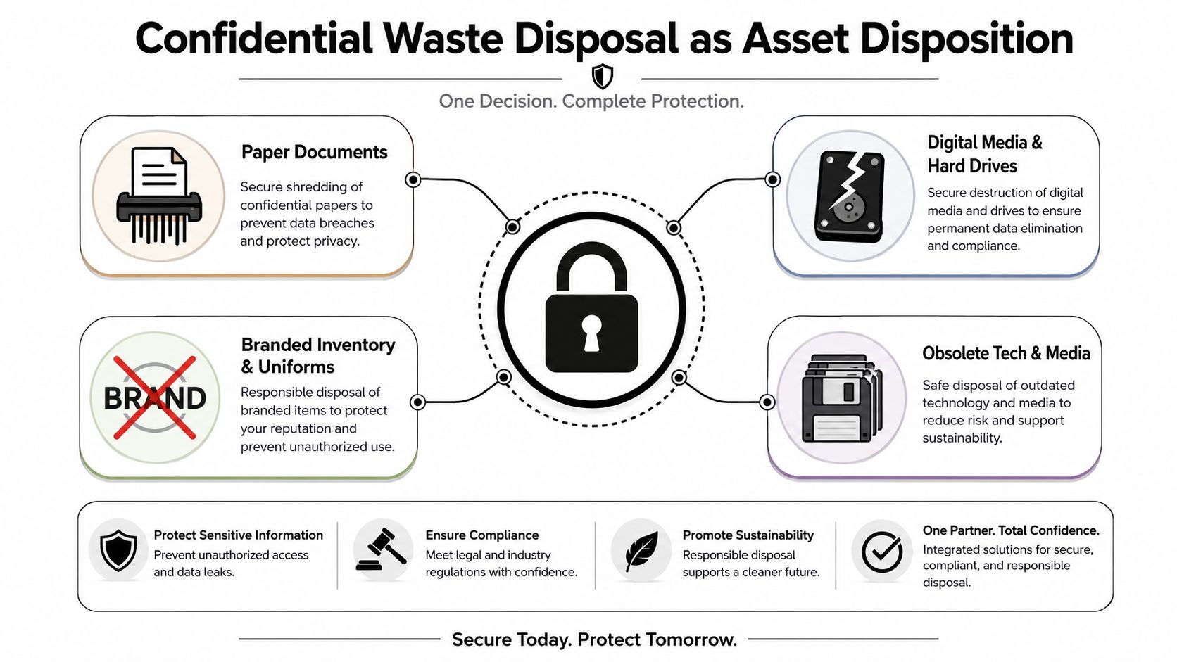 A diagram illustrating confidential waste disposal services for paper, digital media, branded inventory, and obsolete technology assets.