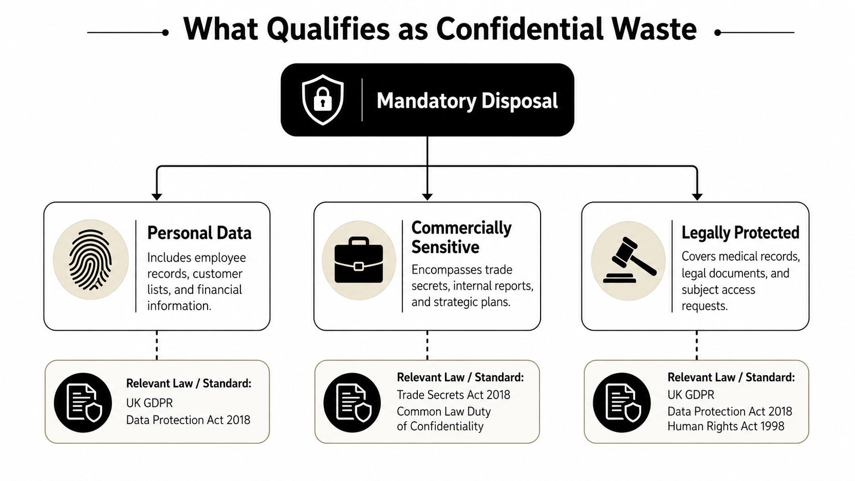 A flowchart explaining the categories of confidential waste that require mandatory disposal including personal, commercial, and legal data.
