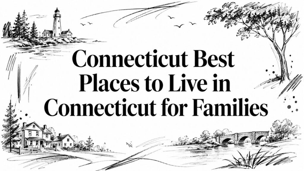 Text displays “Connecticut Best Places to Live in Connecticut for Families” with CT scenery sketches.