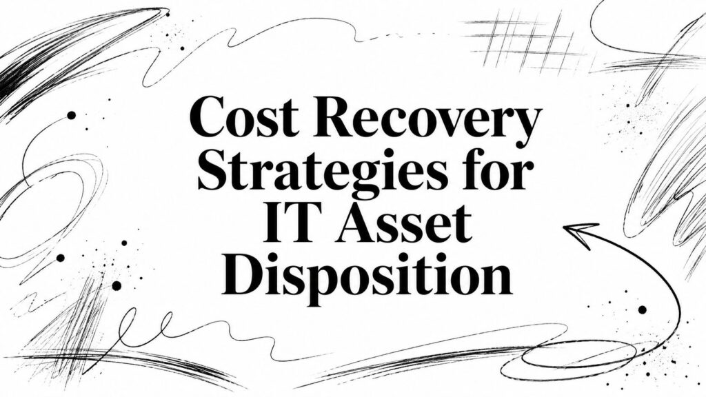 “Cost Recovery Strategies for IT Asset Disposition” text is framed by abstract black lines and doodles.