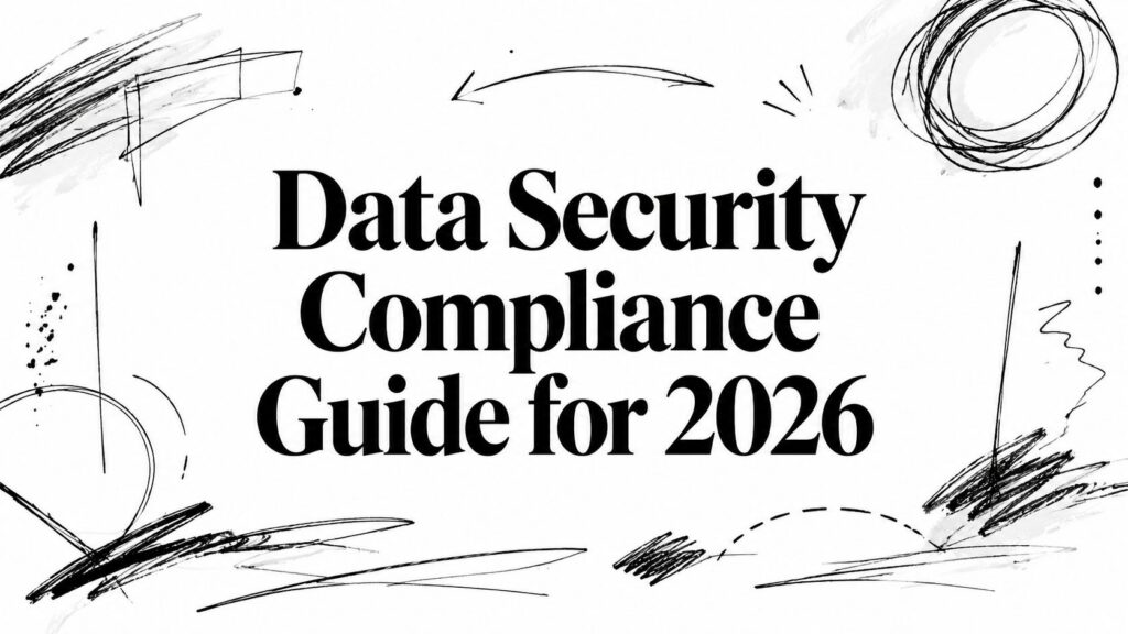 The text “Data Security Compliance Guide for 2026” appears over abstract black sketches on white.