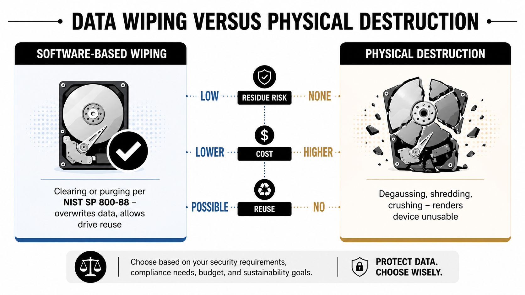A comparison chart showing the differences between software-based data wiping and physical destruction of hard drives.