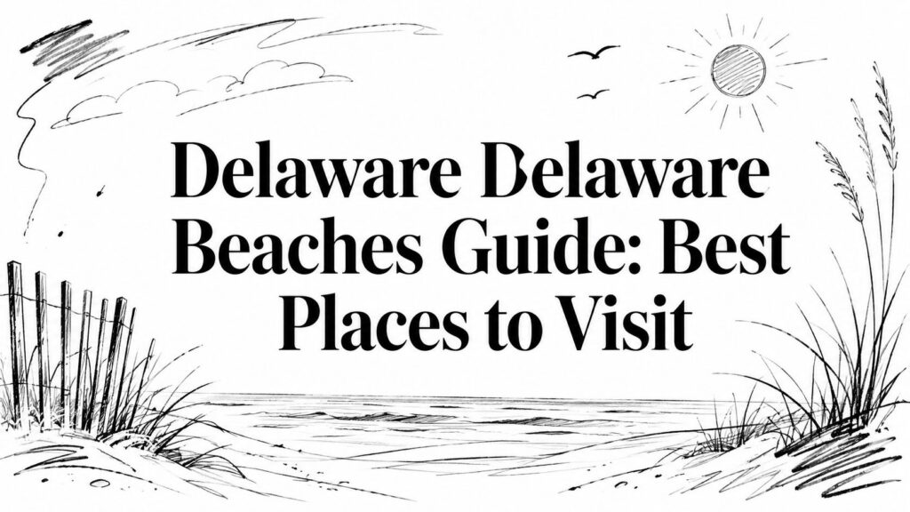 Black and white beach scene with text: Delaware Beaches Guide—Best Places to Visit in Delaware.