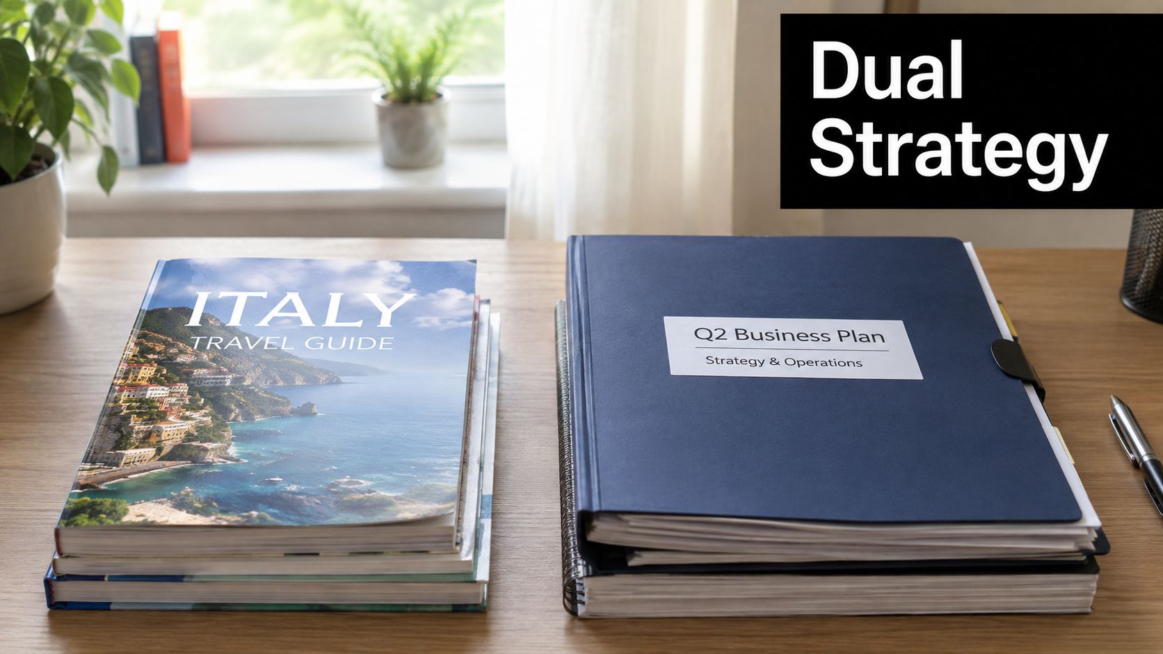 A wooden desk holding an Italy travel guide book and a Q2 Business Plan file folder.