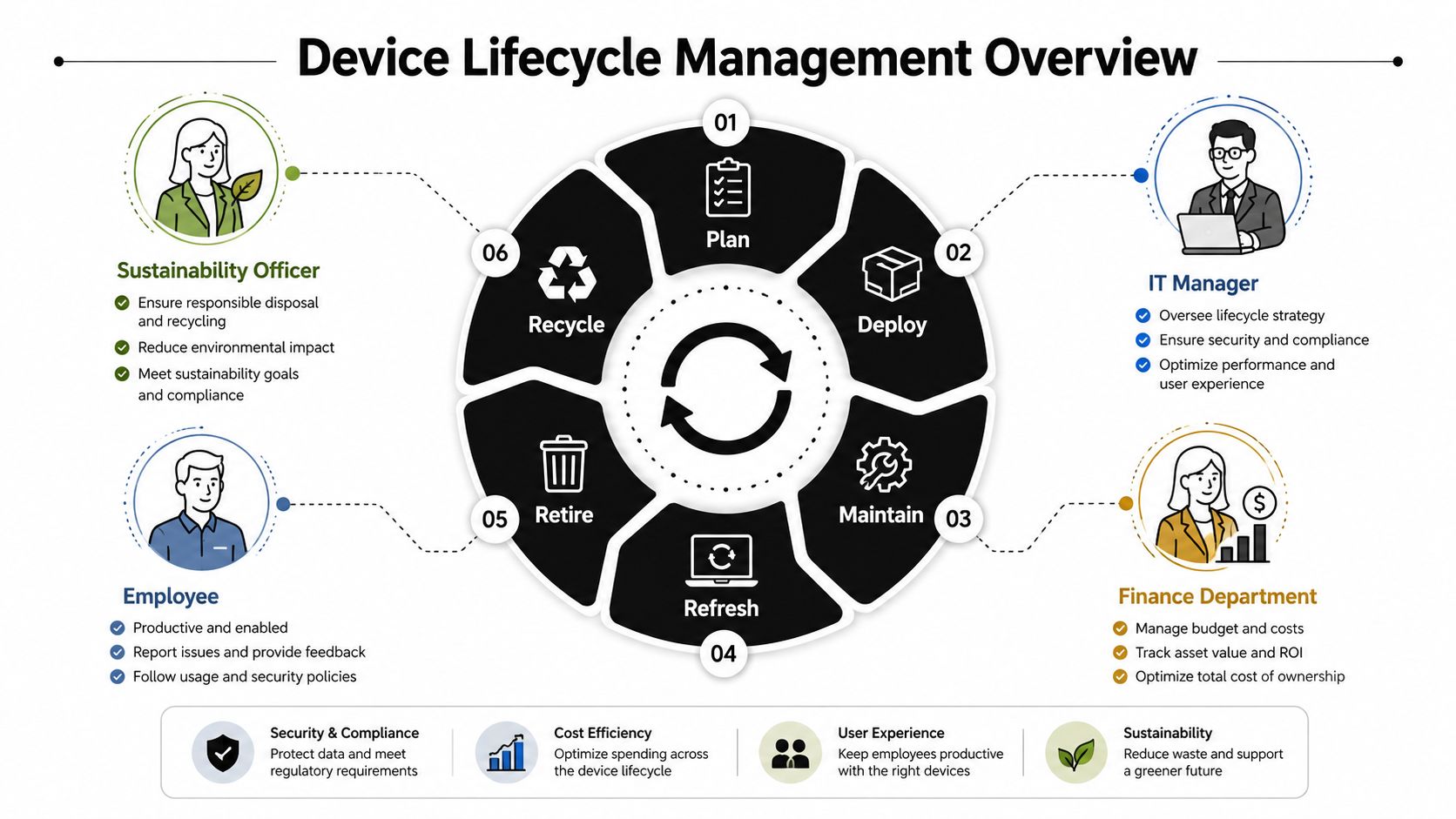 A diagram illustrating the device lifecycle management process with key stakeholders, including plan, deploy, maintain, refresh, retire, and recycle.